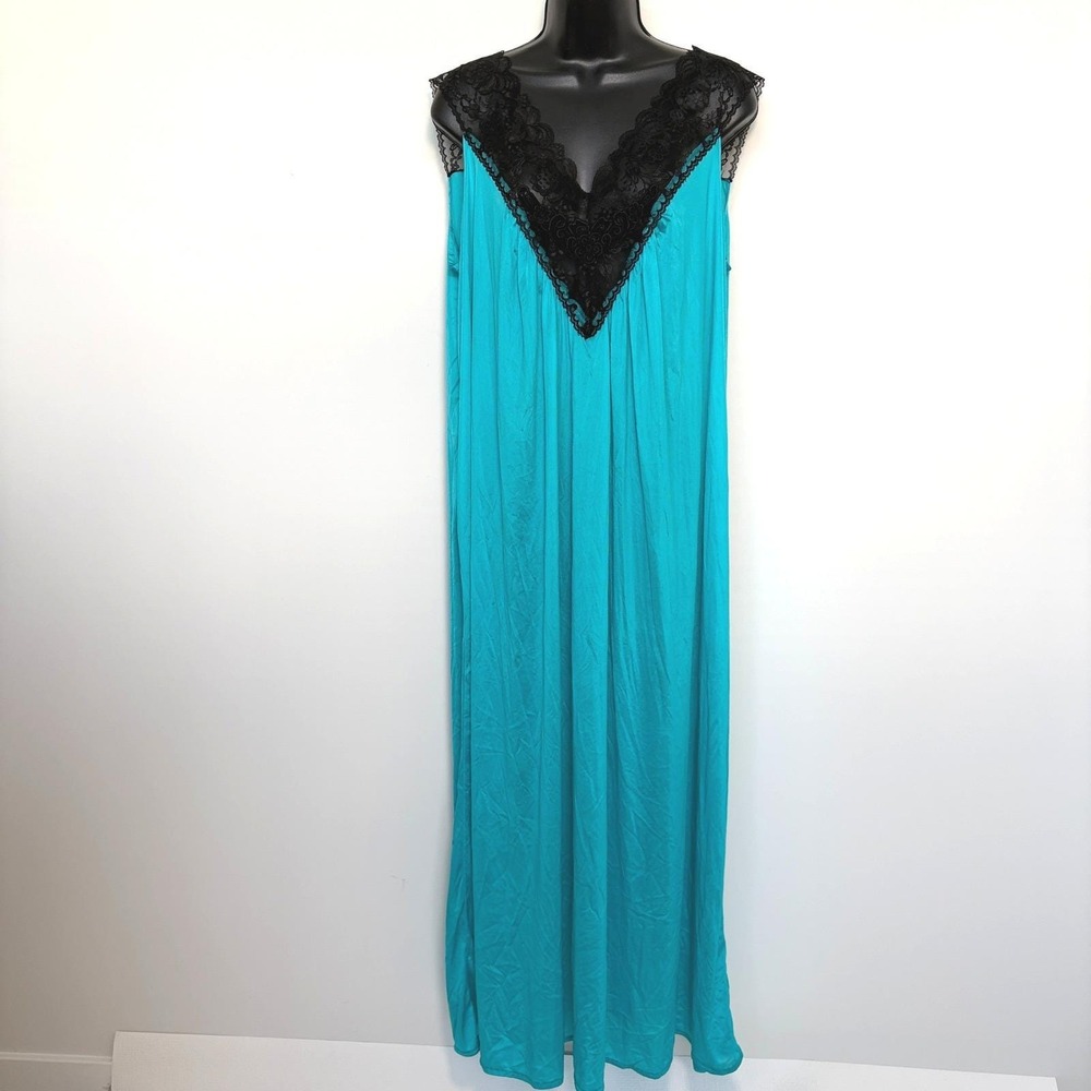 Vintage Nightgown Lace Trim Sleeveless Maxi Teal Blue Large - Picture 2 of 9